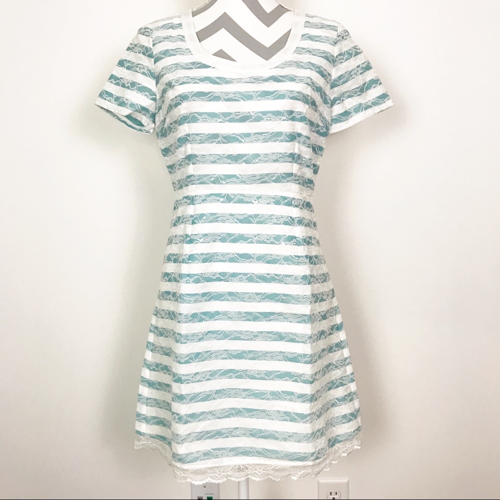 Esley Mint Green White Striped Lace Dress A Line French Buttons 50s Retro